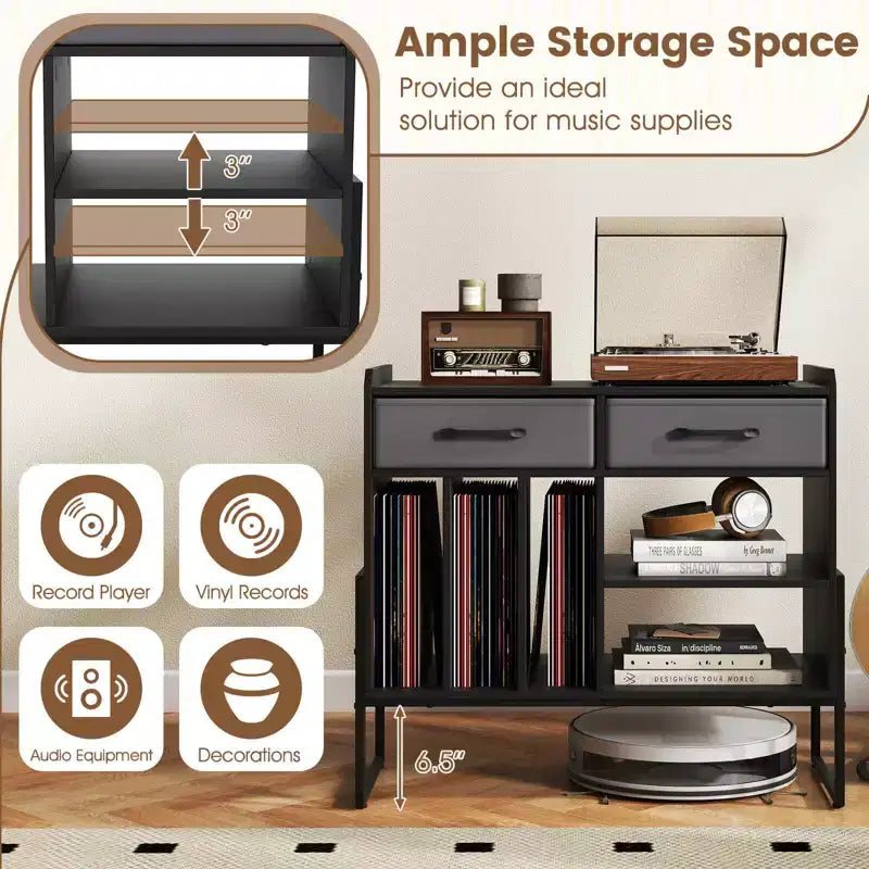 Costway Large Record Player Stand with Charging Station, 2 Fabric Drawers, Adjustable Shelf Rustic Brown & Gray/Black/White
