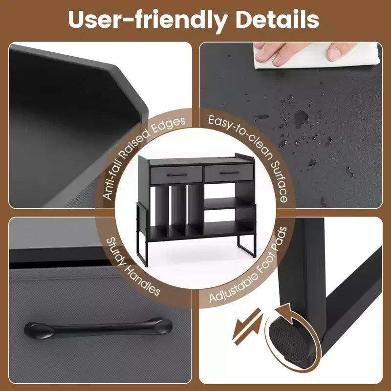 Costway Large Record Player Stand with Charging Station, 2 Fabric Drawers, Adjustable Shelf Rustic Brown & Gray/Black/White