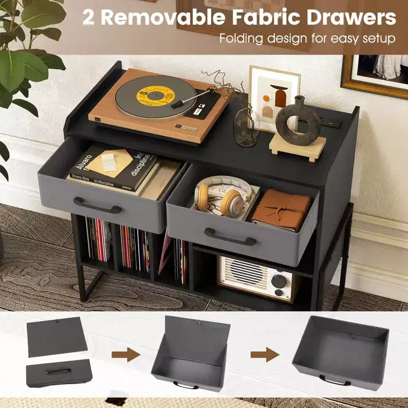 Costway Large Record Player Stand with Charging Station, 2 Fabric Drawers, Adjustable Shelf Rustic Brown & Gray/Black/White