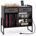 Costway Large Record Player Stand with Charging Station, 2 Fabric Drawers, Adjustable Shelf Rustic Brown & Gray/Black/White