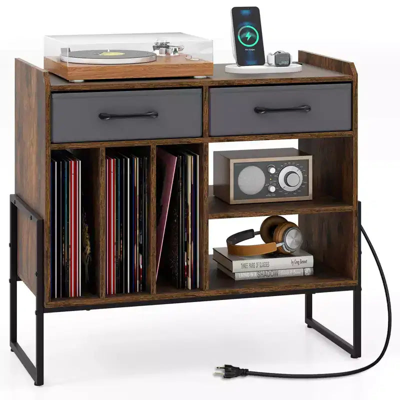 Meuble pour platine vinyle grande taille Costway avec station de charge, 2 tiroirs en tissu, étagère réglable Marron rustique et Gris/Noir/Blanc