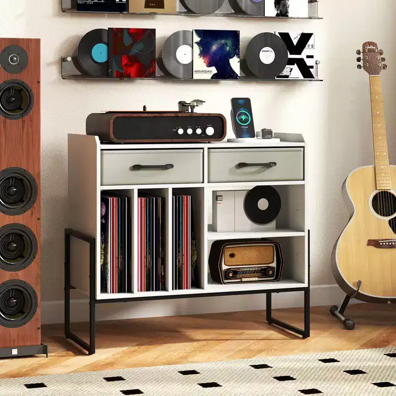 Meuble pour platine vinyle grande taille Costway avec station de charge, 2 tiroirs en tissu, étagère réglable Marron rustique et Gris/Noir/Blanc