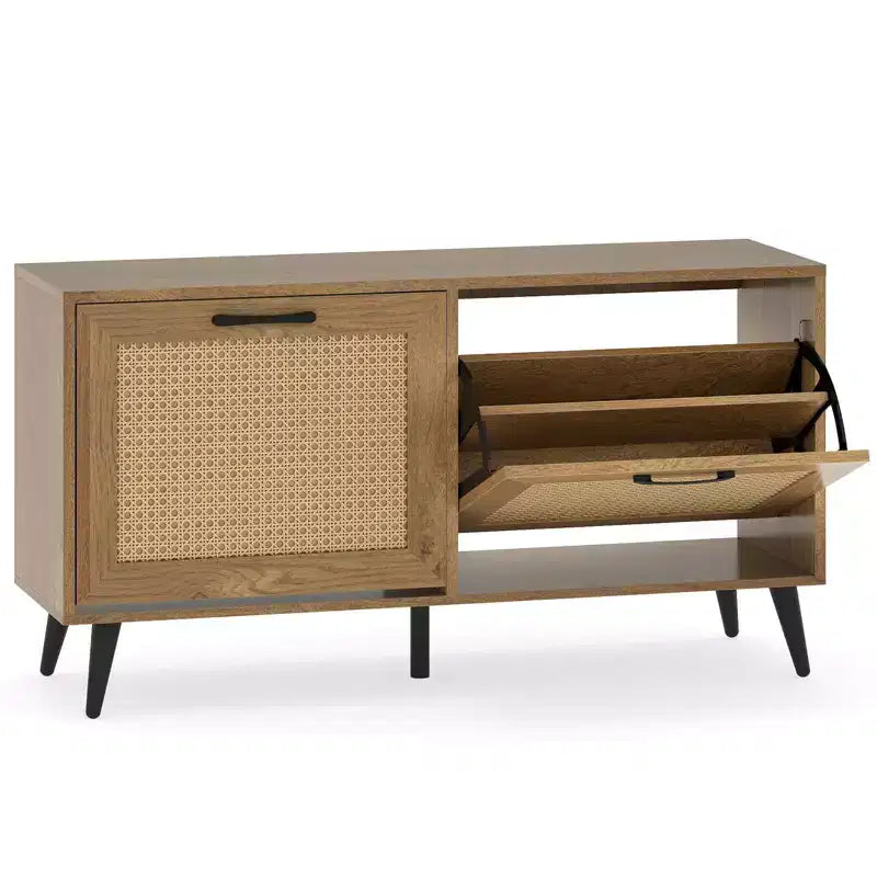 Costway Rattan Shoe Storage Cabinet with 2 Flip Drawers Adjustable Shelves Solid Metal Legs Natural