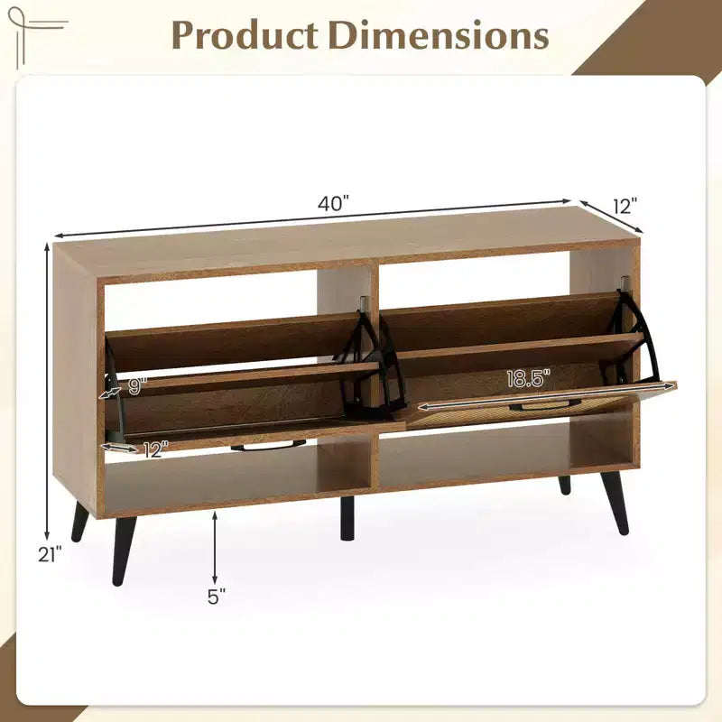 Costway Rattan Shoe Storage Cabinet with 2 Flip Drawers Adjustable Shelves Solid Metal Legs Natural