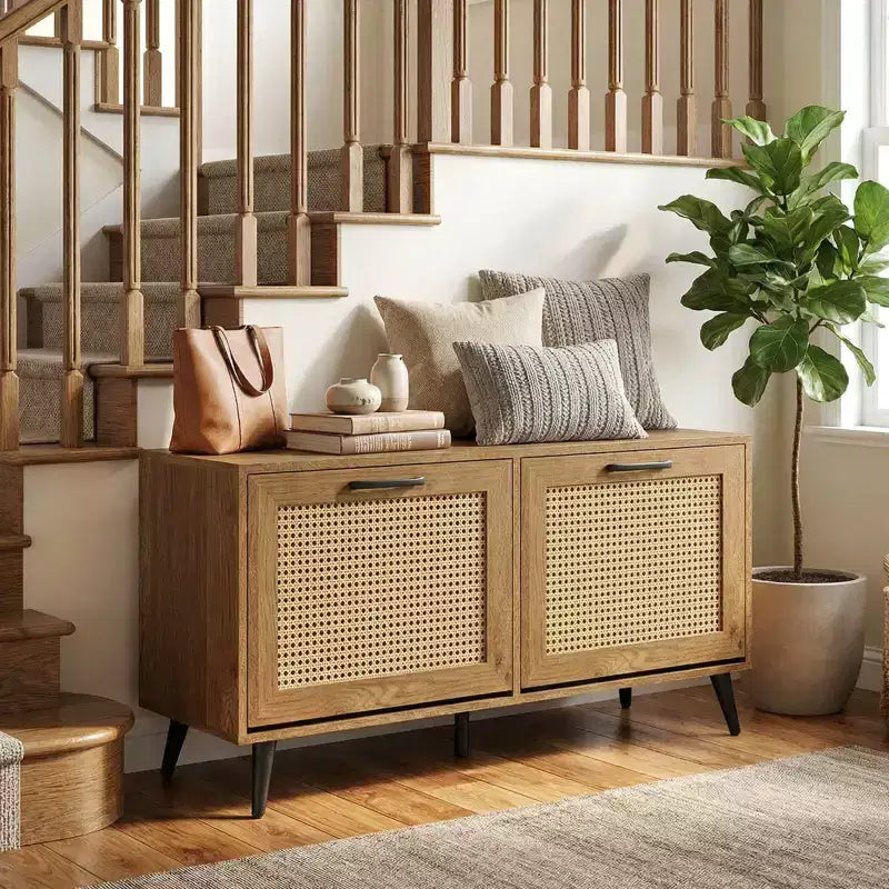 Costway Rattan Shoe Storage Cabinet with 2 Flip Drawers Adjustable Shelves Solid Metal Legs Natural