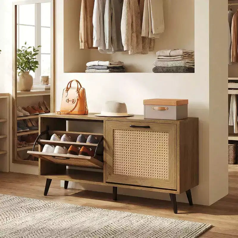 Costway Rattan Shoe Storage Cabinet with 2 Flip Drawers Adjustable Shelves Solid Metal Legs Natural