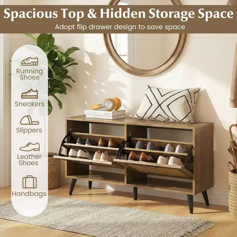 Costway Rattan Shoe Storage Cabinet with 2 Flip Drawers Adjustable Shelves Solid Metal Legs Natural