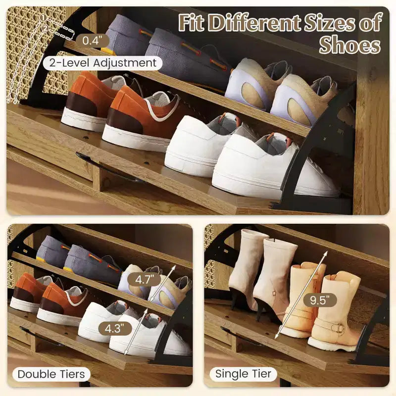 Costway Rattan Shoe Storage Cabinet with 2 Flip Drawers Adjustable Shelves Solid Metal Legs Natural