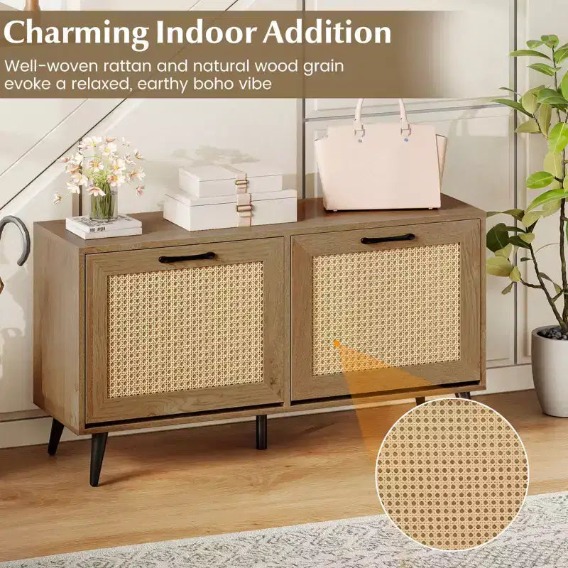 Costway Rattan Shoe Storage Cabinet with 2 Flip Drawers Adjustable Shelves Solid Metal Legs Natural