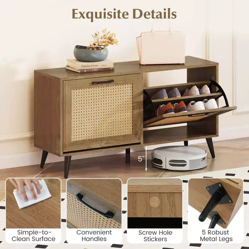 Costway Rattan Shoe Storage Cabinet with 2 Flip Drawers Adjustable Shelves Solid Metal Legs Natural