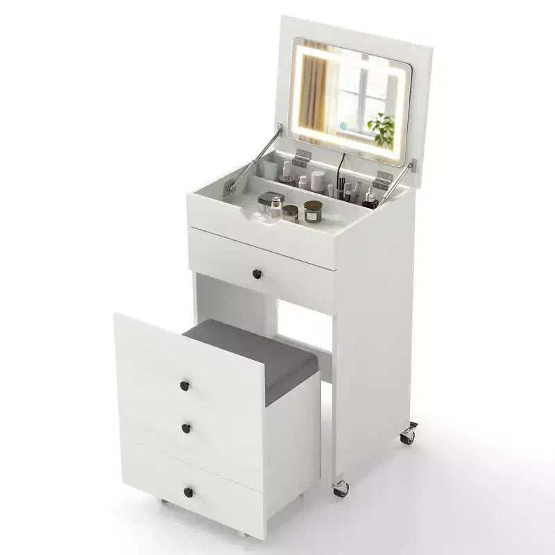 Costway 3-in-1 Small Vanity Desk Set with Flip-top Mirror, Lights, Drawers, Storage Stool White