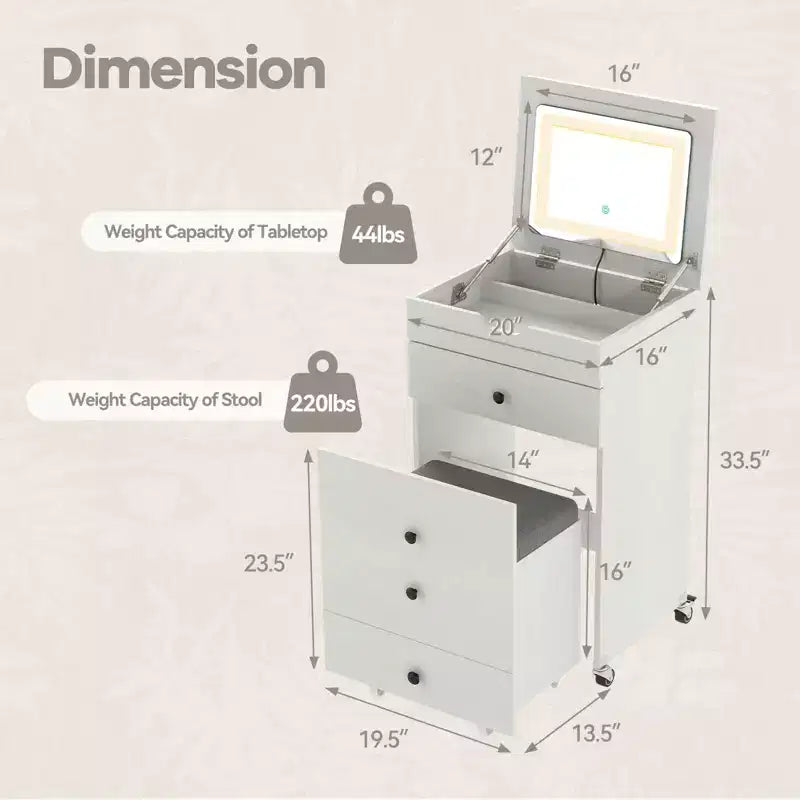 Costway 3-in-1 Small Vanity Desk Set with Flip-top Mirror, Lights, Drawers, Storage Stool White