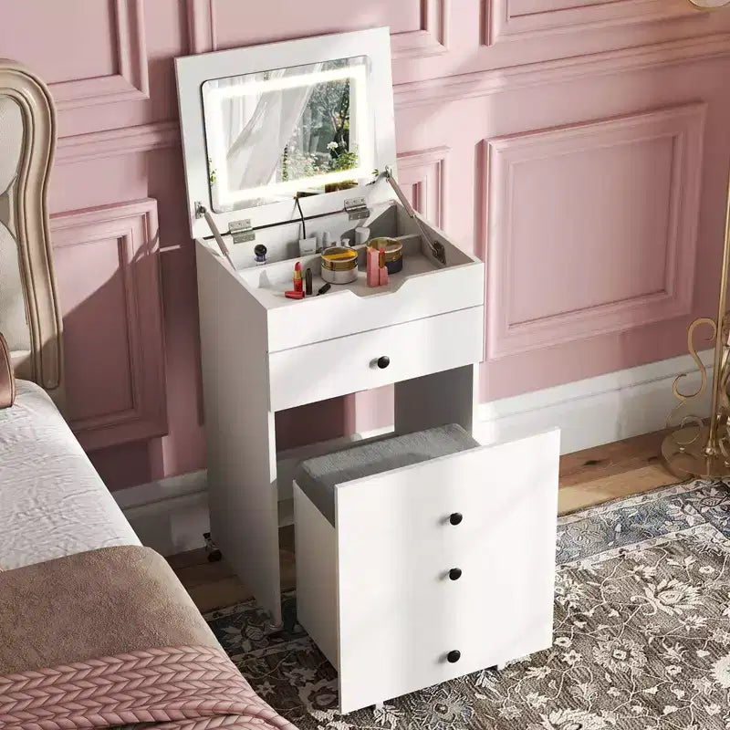 Costway 3-in-1 Small Vanity Desk Set with Flip-top Mirror, Lights, Drawers, Storage Stool White