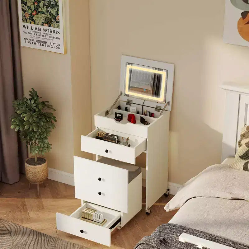 Costway 3-in-1 Small Vanity Desk Set with Flip-top Mirror, Lights, Drawers, Storage Stool White