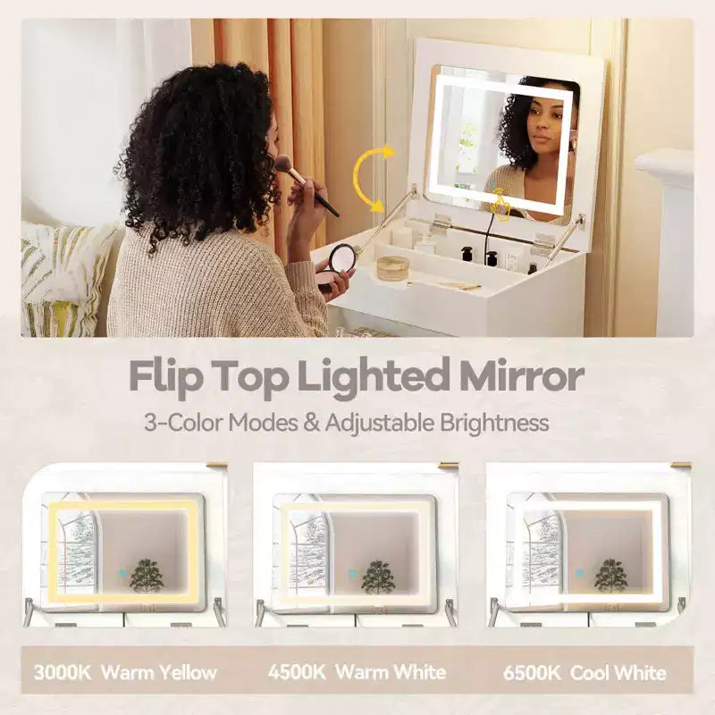 Costway 3-in-1 Small Vanity Desk Set with Flip-top Mirror, Lights, Drawers, Storage Stool White