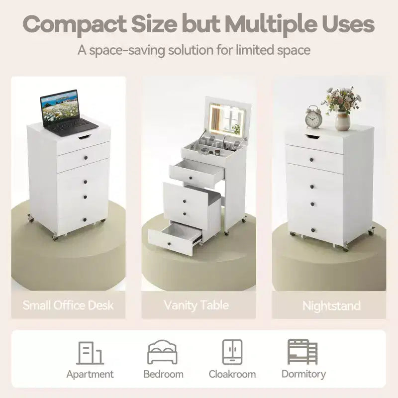 Costway 3-in-1 Small Vanity Desk Set with Flip-top Mirror, Lights, Drawers, Storage Stool White