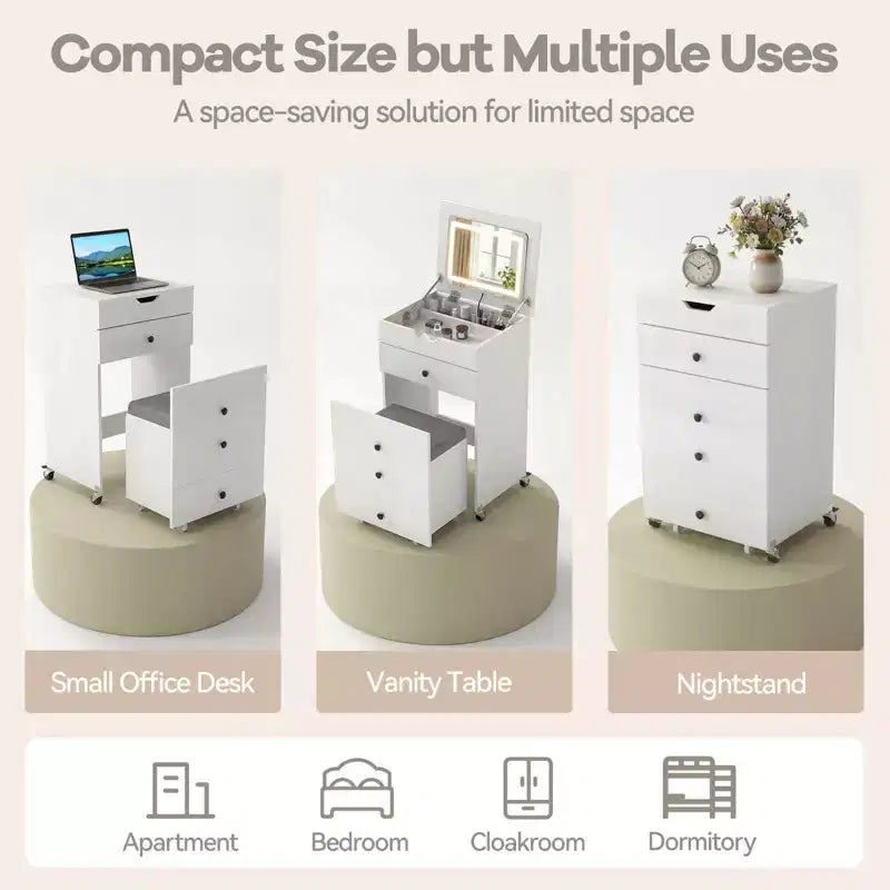 Costway 3-in-1 Small Vanity Desk Set with Flip-top Mirror, Lights, Drawers, Storage Stool White