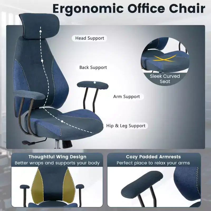 Costway Ergonomic Office Chair with 2D Headrest, Rocking Backrest & Wheels, Gaming Chair Blue/Brown & Beige/Gray & Blue