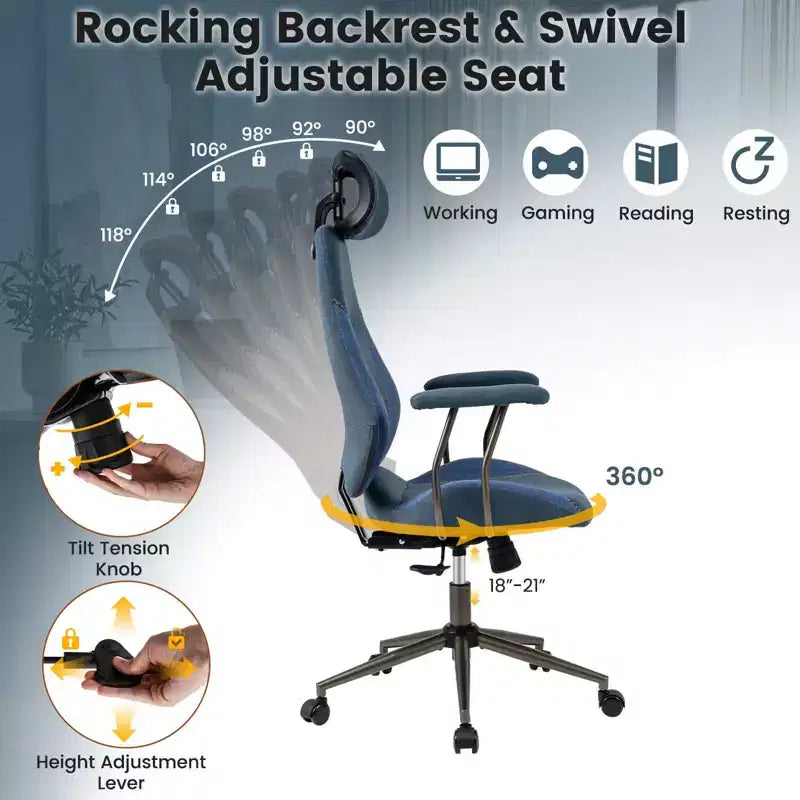 Costway Ergonomic Office Chair with 2D Headrest, Rocking Backrest & Wheels, Gaming Chair Blue/Brown & Beige/Gray & Blue