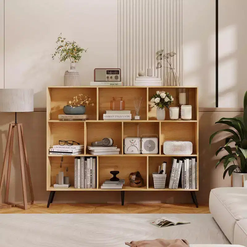 Modern 10-Cube Storage Bookshelf, 3-Tier Open Display Organizer with Reinforced Metal Base for Living Room and Home Office