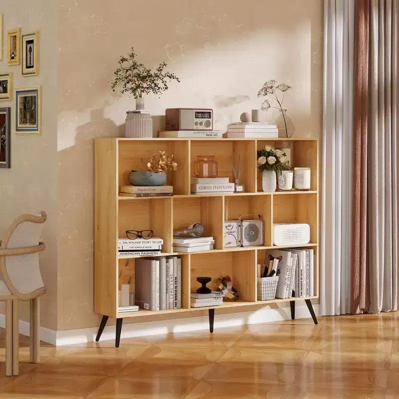 Modern 10-Cube Storage Bookshelf, 3-Tier Open Display Organizer with Reinforced Metal Base for Living Room and Home Office