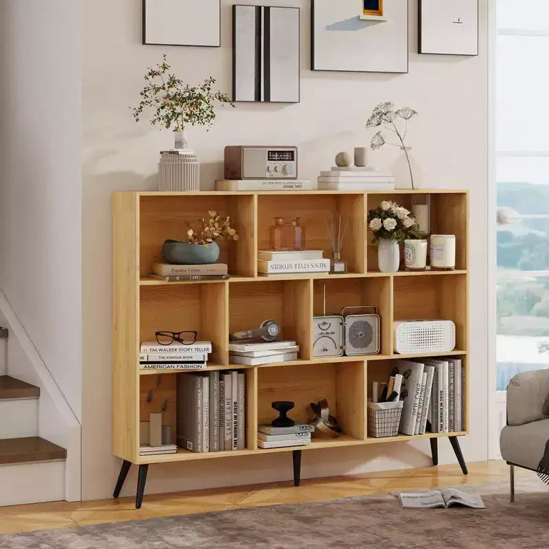 Modern 10-Cube Storage Bookshelf, 3-Tier Open Display Organizer with Reinforced Metal Base for Living Room and Home Office