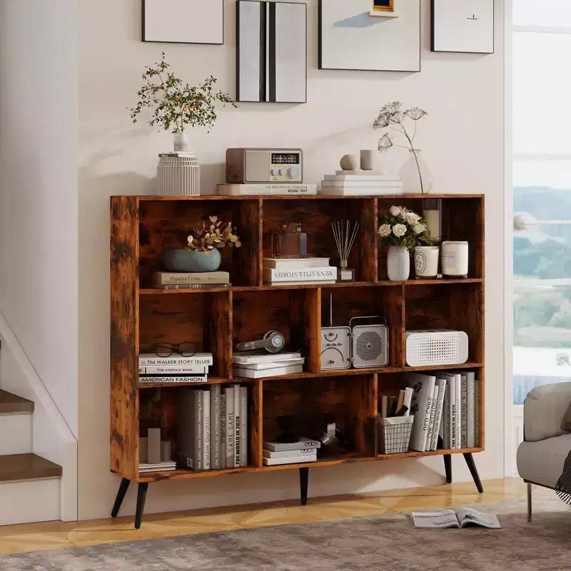 Modern 10-Cube Storage Bookshelf, 3-Tier Open Display Organizer with Reinforced Metal Base for Living Room and Home Office