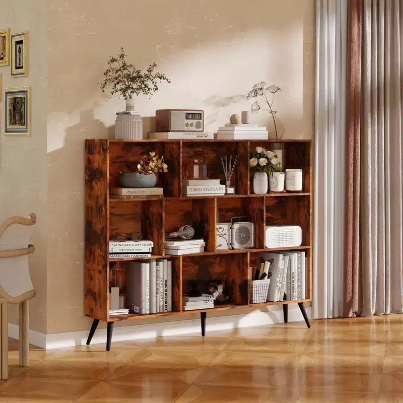 Modern 10-Cube Storage Bookshelf, 3-Tier Open Display Organizer with Reinforced Metal Base for Living Room and Home Office