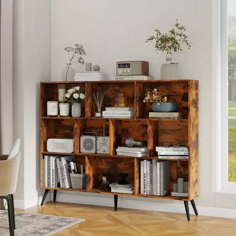 Modern 10-Cube Storage Bookshelf, 3-Tier Open Display Organizer with Reinforced Metal Base for Living Room and Home Office