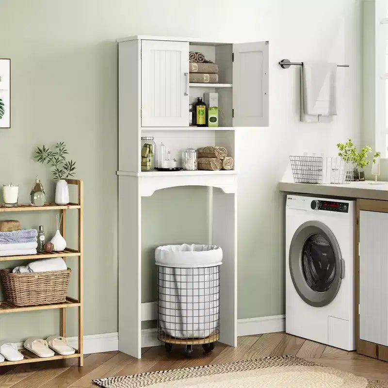 Over-The-Toilet Storage Cabinet with Double Doors and Open Shelf | Freestanding Bathroom Organiser for Toilet & Laundry Room