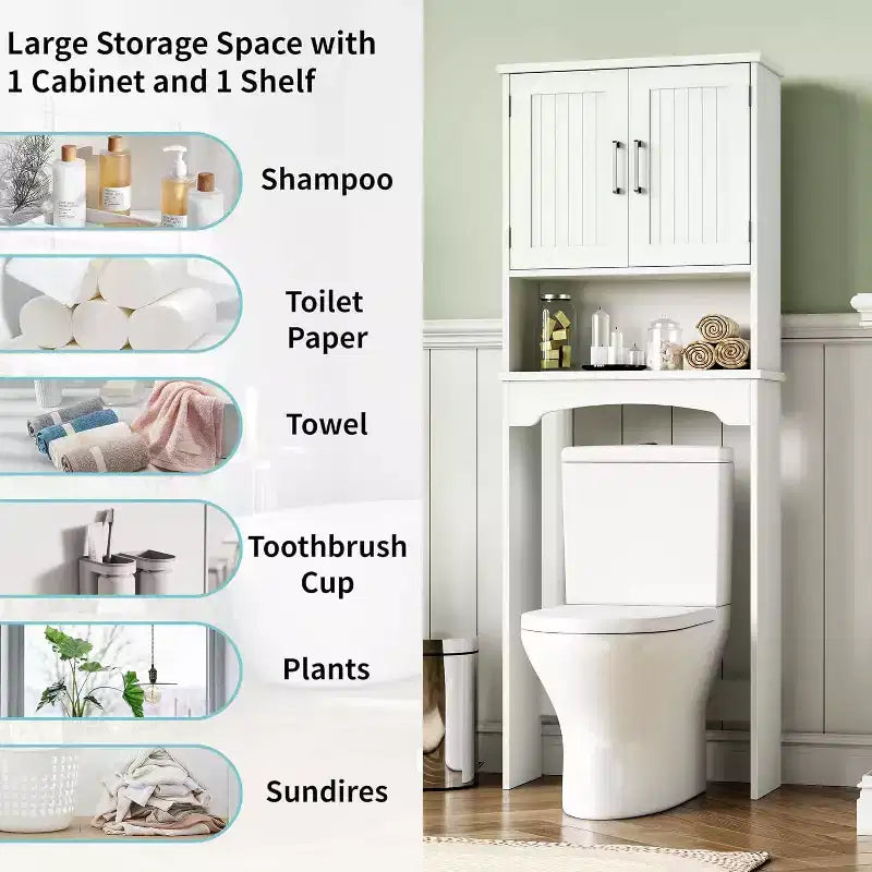 Over-The-Toilet Storage Cabinet with Double Doors and Open Shelf | Freestanding Bathroom Organiser for Toilet & Laundry Room