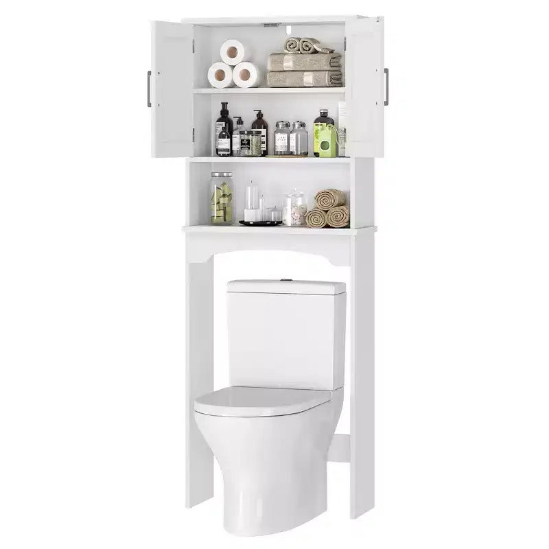 Over-The-Toilet Storage Cabinet with Double Doors and Open Shelf | Freestanding Bathroom Organiser for Toilet & Laundry Room