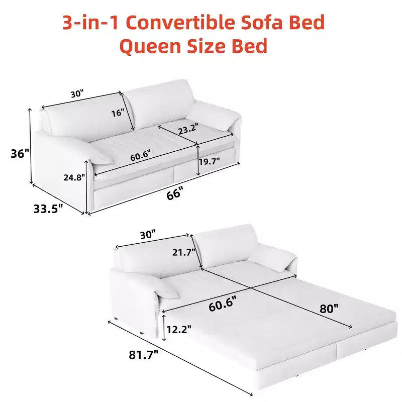 FurnitureR 3-in-1 Convertible Sofa Bed, Extendable Sleeper Couch with Pull-Out Queen Bed, Space-Saving Sofa for Living Room, Apartment or Guest Room