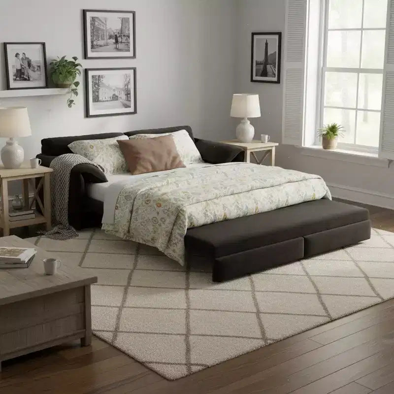 FurnitureR 3-in-1 Convertible Sofa Bed, Extendable Sleeper Couch with Pull-Out Queen Bed, Space-Saving Sofa for Living Room, Apartment or Guest Room