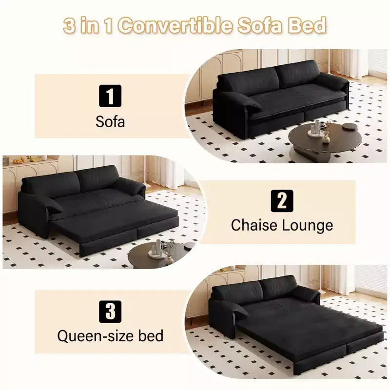 FurnitureR 3-in-1 Convertible Sofa Bed, Extendable Sleeper Couch with Pull-Out Queen Bed, Space-Saving Sofa for Living Room, Apartment or Guest Room