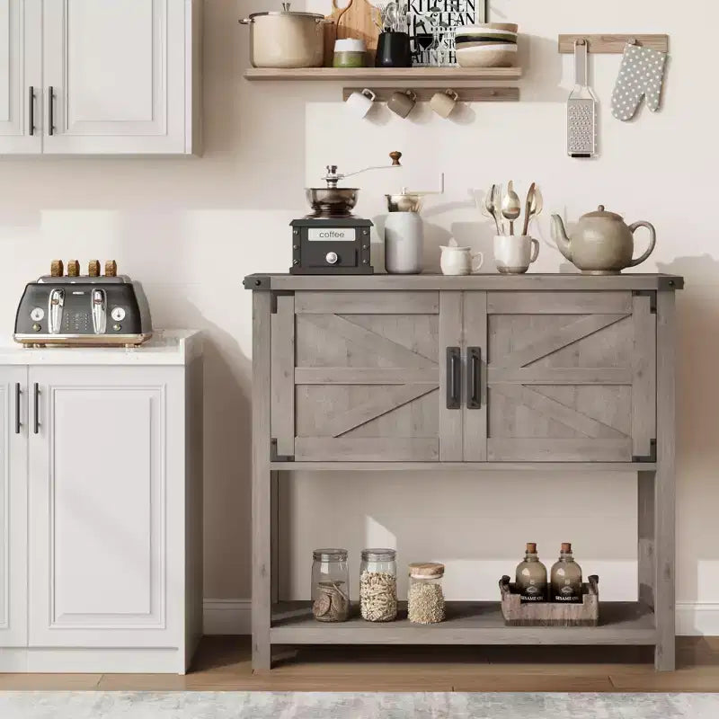 Farmhouse Console Table with 2 Storage Cabinets - Wooden Sofa Table, Coffee Bar & Buffet Sideboard for Entryway, Kitchen & Living Room