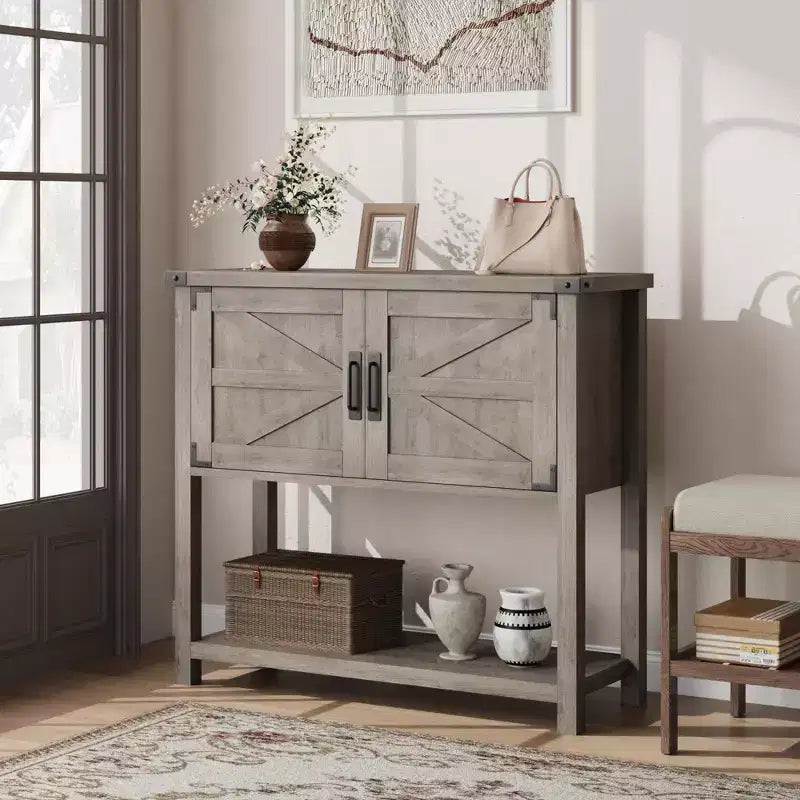 Farmhouse Console Table with 2 Storage Cabinets - Wooden Sofa Table, Coffee Bar & Buffet Sideboard for Entryway, Kitchen & Living Room