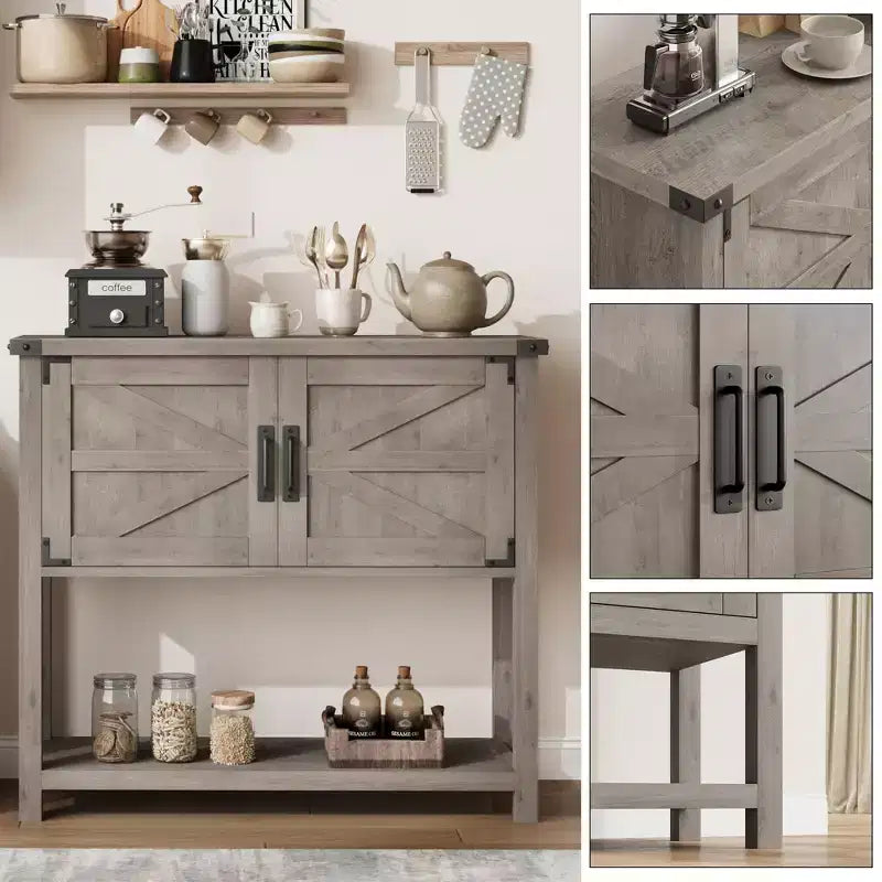 Farmhouse Console Table with 2 Storage Cabinets - Wooden Sofa Table, Coffee Bar & Buffet Sideboard for Entryway, Kitchen & Living Room