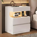 Modern Nightstand with 3 Drawers, 19W Wooden Bedside Table with Charging Station & Open Shelf, End Side Table for Bedroom, Living Room, White