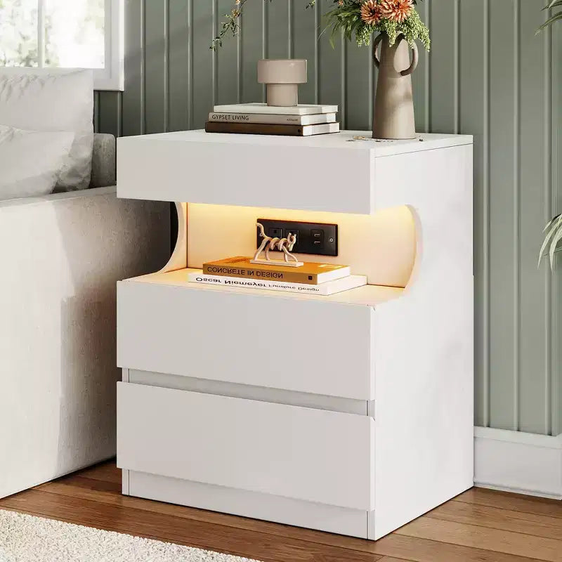 Modern Nightstand with 3 Drawers, 19W Wooden Bedside Table with Charging Station & Open Shelf, End Side Table for Bedroom, Living Room, White