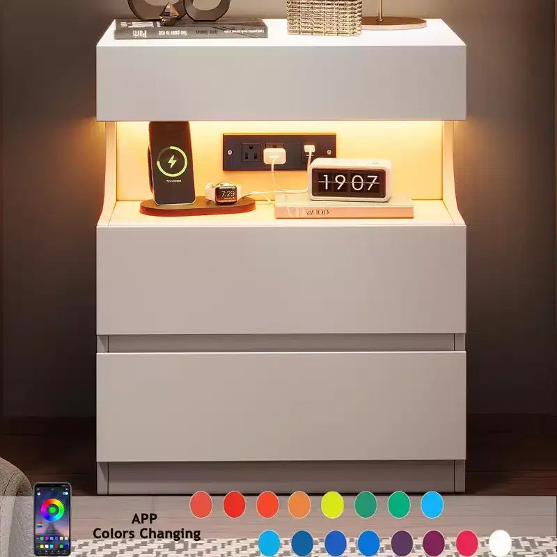 Modern Nightstand with 3 Drawers, 19W Wooden Bedside Table with Charging Station & Open Shelf, End Side Table for Bedroom, Living Room, White
