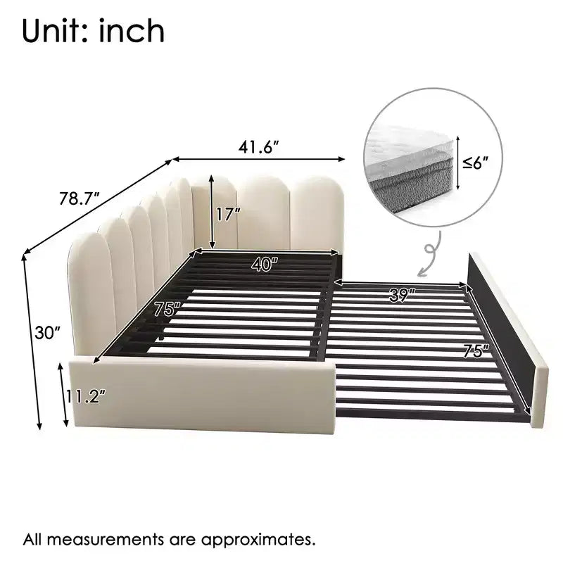 Zeus & Ruta Twin Size Velvet Upholstered Daybed with Pull-Out Bed & Metal Slat Frame