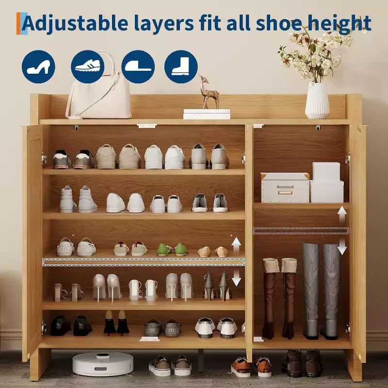 Shoe rack storage cabinet at the entrance, with a door and adjustable, suitable for corridors and living rooms, made of dark oak material