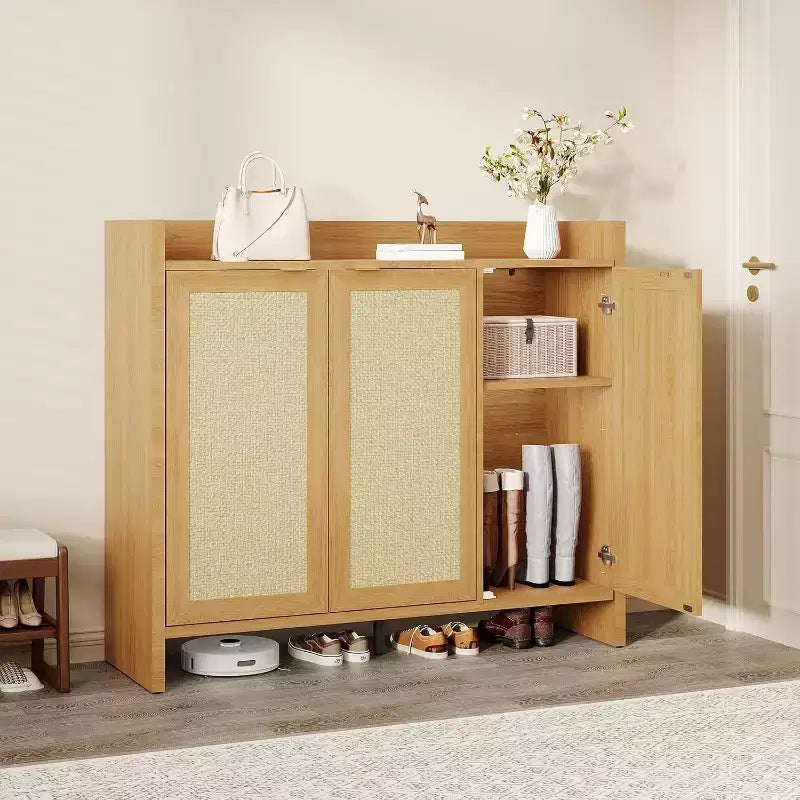 Shoe rack storage cabinet at the entrance, with a door and adjustable, suitable for corridors and living rooms, made of dark oak material