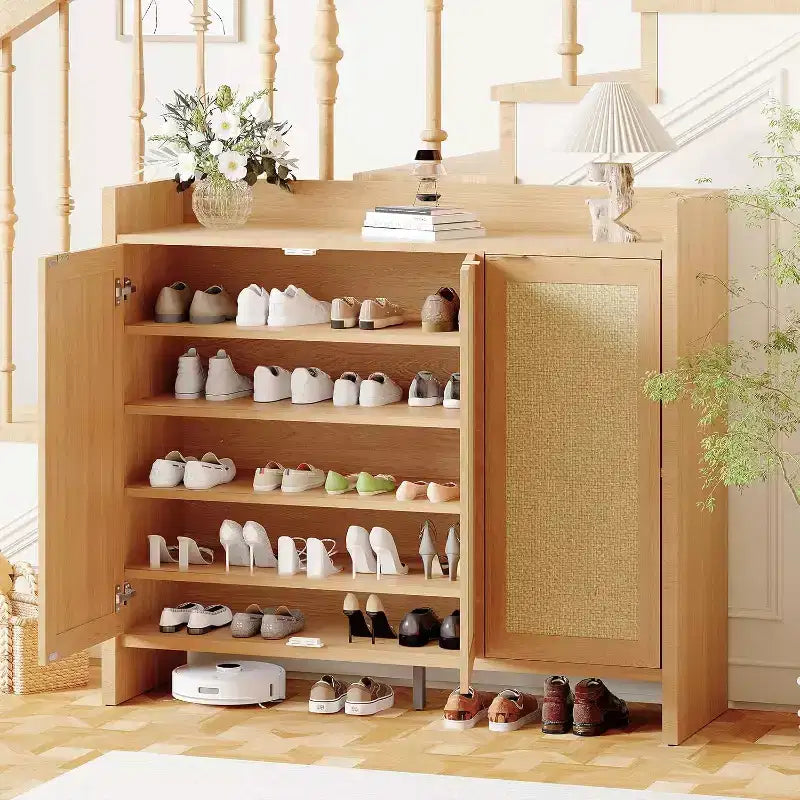 Shoe rack storage cabinet at the entrance, with a door and adjustable, suitable for corridors and living rooms, made of dark oak material