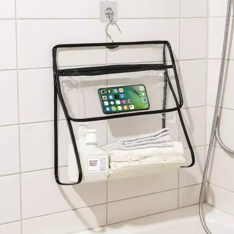 Alilang 2pcs Women's Clear Hanging Shower Organizer with Touch-Friendly Phone Pocket Water-Resistant Storage Shelf - Black
