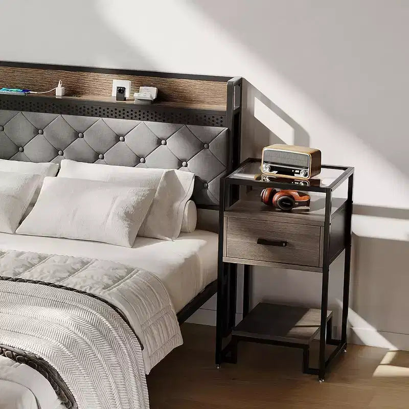 Bedroom Nightstand - Bedside Stand with Wood Drawer and Tempered Glass Top,End Table with Adjustable Legs,for Bedroom and Living Room