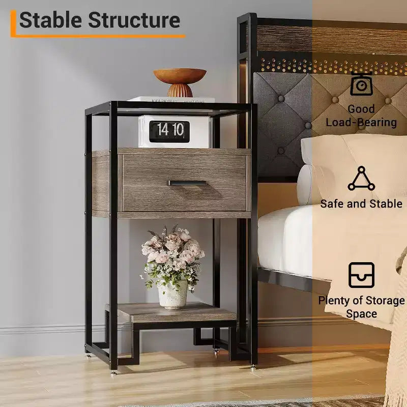 Bedroom Nightstand - Bedside Stand with Wood Drawer and Tempered Glass Top,End Table with Adjustable Legs,for Bedroom and Living Room