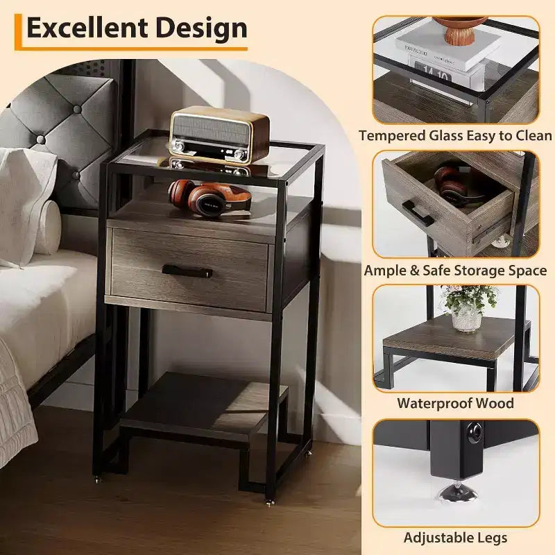 Bedroom Nightstand - Bedside Stand with Wood Drawer and Tempered Glass Top,End Table with Adjustable Legs,for Bedroom and Living Room