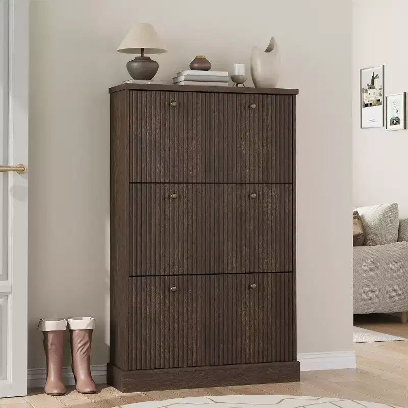 Shoe Cabinet with 3 Flip Drawers,Fluted Storage Cabinet with Adjustable and Removable Shelves,Freestanding Narrow Shoe Organizer for Entryway,Hallway